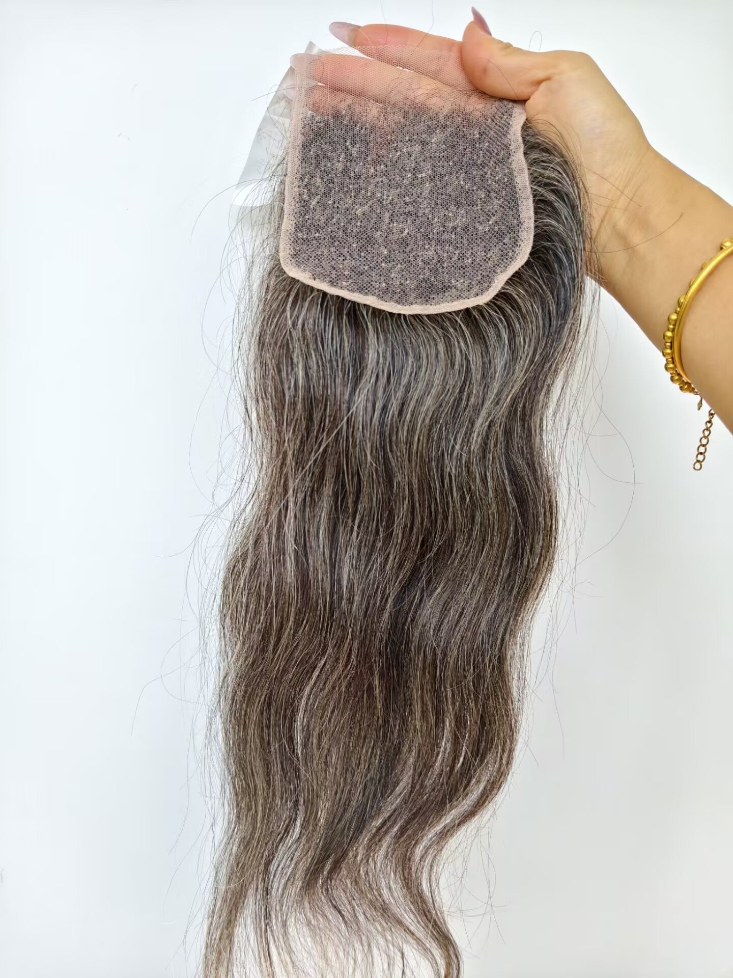 Raw natural straight  Salt and Pepper Gray Human Hair 4x4 0.10mm Ultra-thin medium brown lace Closures straight Grey Human Hair Bundles 80% Grey Mixed Black Color 1 closure.  Virgin Hair Weave Extensions Can be Dyed and Styled by Clytie