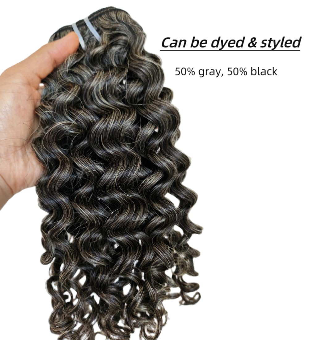 Raw Curly Salt and Pepper Gray Human Hair Bundles Jerry Curly Grey Human Hair Bundles 50% Grey Mixed Black Color 1 Bundle  Virgin Hair Weave Extensions Can be Dyed and Styled by Clytie