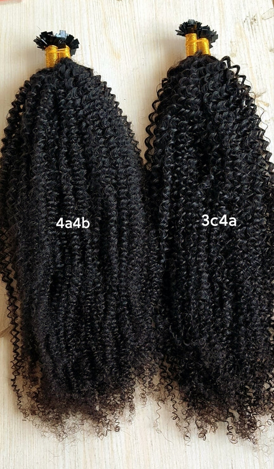 Raw 4a4b Kinky Curly K Tips - One Donor Human Hair Flat U / V / Tip Extensions