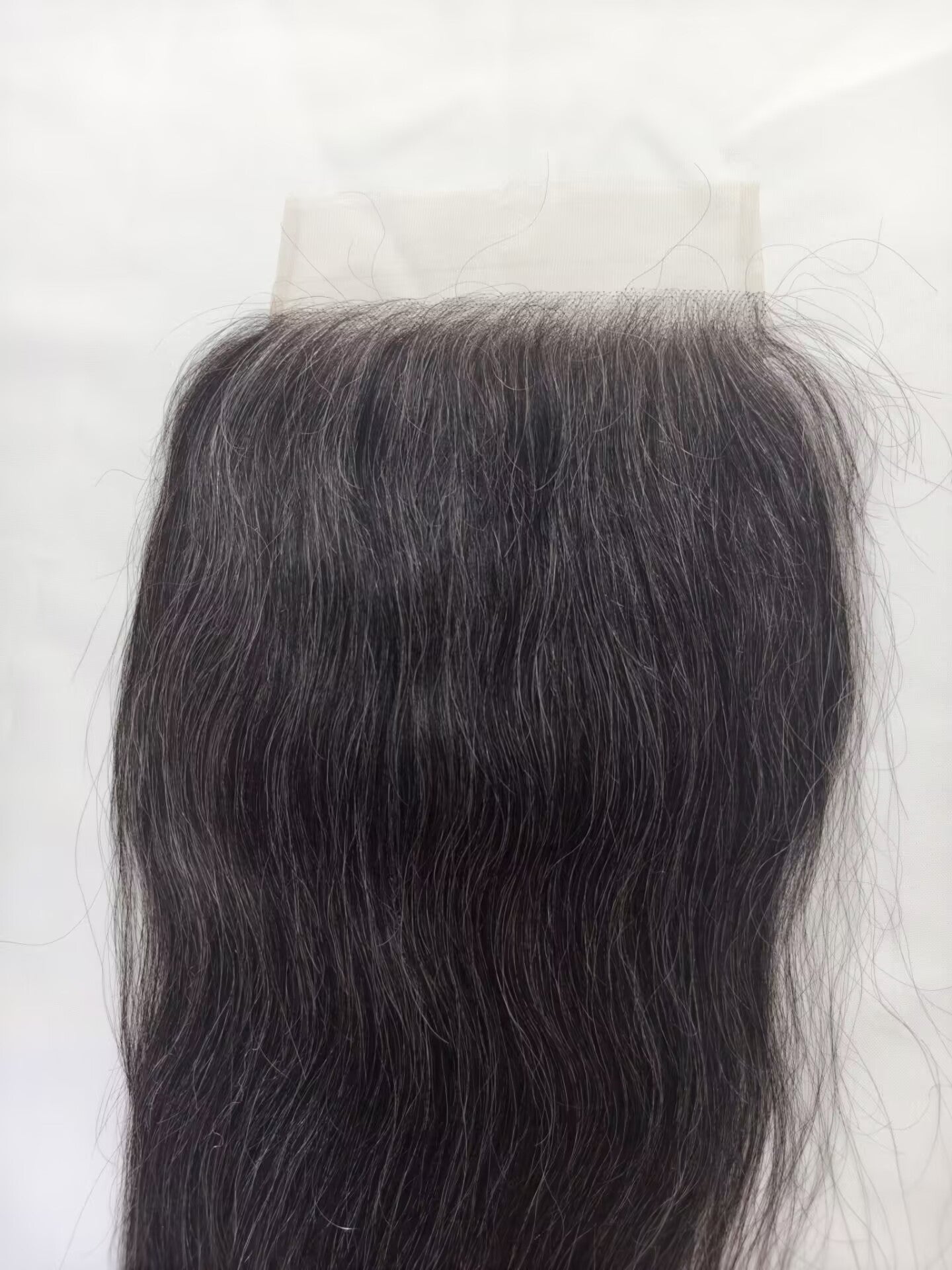 Raw straight Salt and Pepper Gray Human Hair 7x7 0.10mm Ultra-thin HD Lace Closures straight Grey Human Hair Bundles 50% Grey Mixed Black Color 1 closure.  Virgin Hair Weave Extensions Can be Dyed and Styled by Clytie