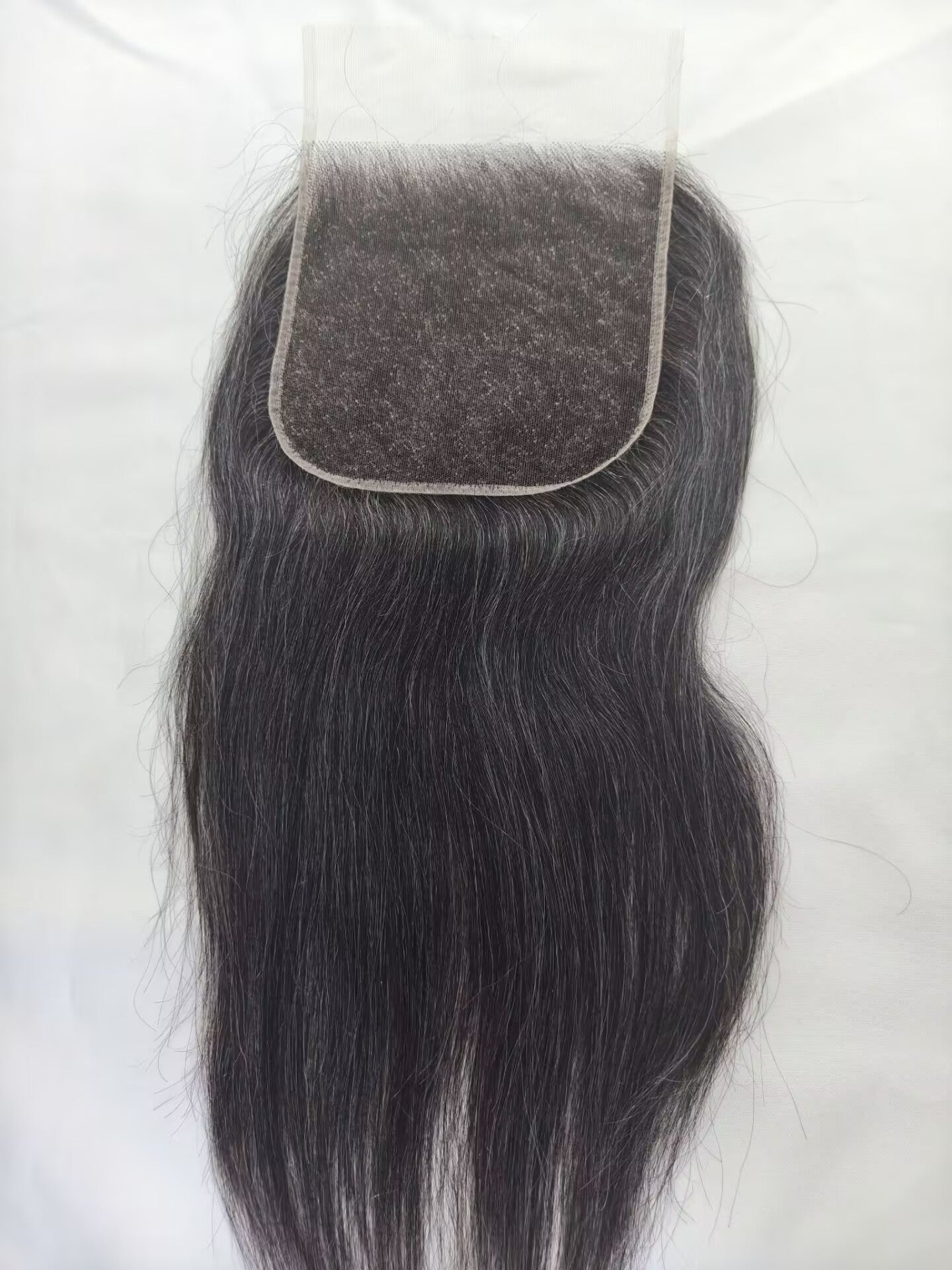 Raw straight Salt and Pepper Gray Human Hair 7x7 0.10mm Ultra-thin HD Lace Closures straight Grey Human Hair Bundles 50% Grey Mixed Black Color 1 closure.  Virgin Hair Weave Extensions Can be Dyed and Styled by Clytie