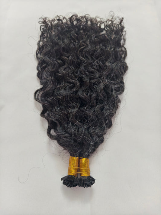 Raw 50% Salt And Peppet Color Tight Deep Curly K Tips - One Donor Human Hair Flat U / V / Tip Extensions