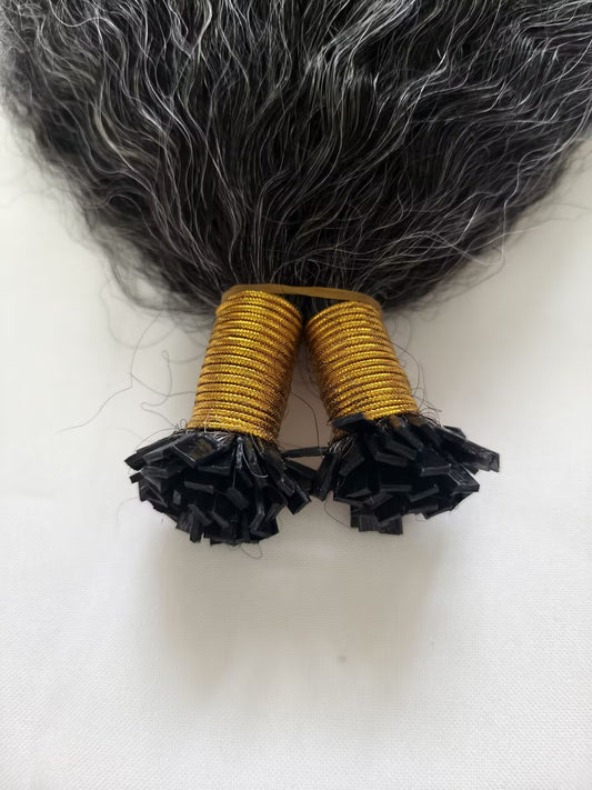 Raw 50% Salt And Peppet Color Kinky Straight K Tips - One Donor Human Hair Flat U / V / Tip Extensions