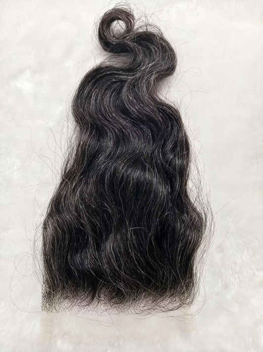 Raw body wavy Salt and Pepper Gray Human Hair 4x4 0.10mm Ultra-thin HD Lace Closures body wavy Grey Human Hair Bundles 50% Grey Mixed Black Color 1 closure.  Virgin Hair Weave Extensions Can be Dyed and Styled by Clytie