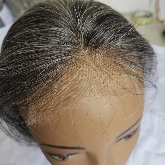 Raw Straight Salt and Pepper Gray Human Hair 4x4 0.10mm Ultra-thin HD Lace Closures Straight Grey Human Hair Bundles 50% Grey Mixed Black Color 1 closure.  Virgin Hair Weave Extensions Can be Dyed and Styled by Clytie