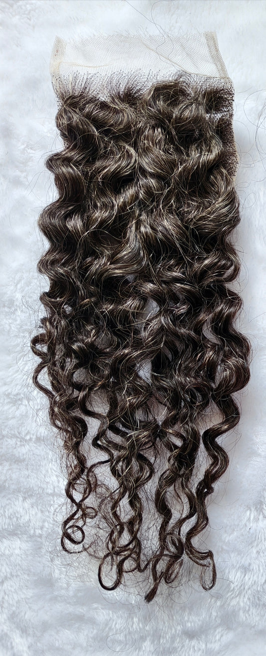 Raw Curly Salt and Pepper Gray Human Hair 4x4 0.10mm Ultra-thin HD Lace Closures Tight Curly Grey Human Hair Bundles 50% Grey Mixed Black Color 1 closure.  Virgin Hair Weave Extensions Can be Dyed and Styled by Clytie