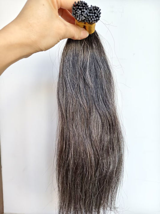 Raw 50% salt and pepper  Straight  I Tips - One Donor Human Hair Extensions