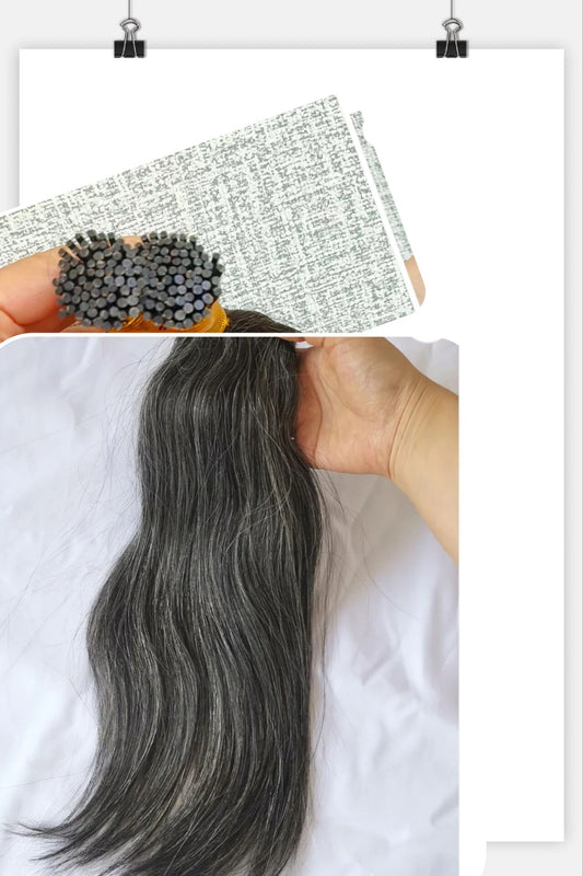 Raw 50% salt and pepper  Straight  I Tips - One Donor Human Hair Extensions
